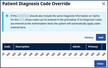 Patient Diagnosis Code Override Window